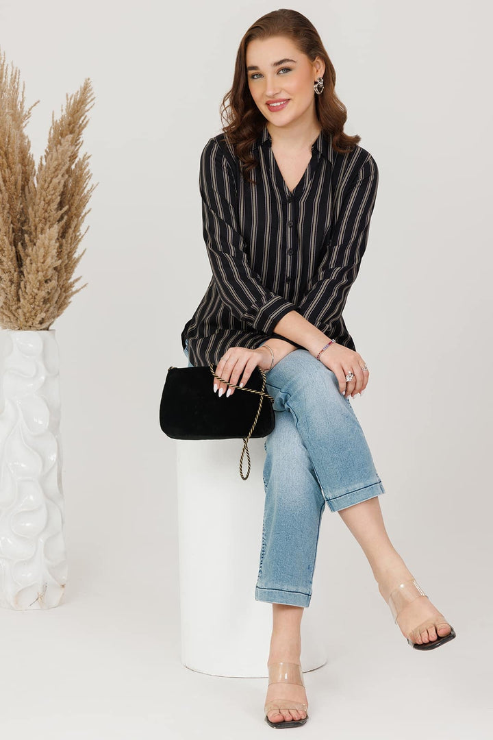 Rayon Twill Stripe Winter Shirt Black Full Sleeves