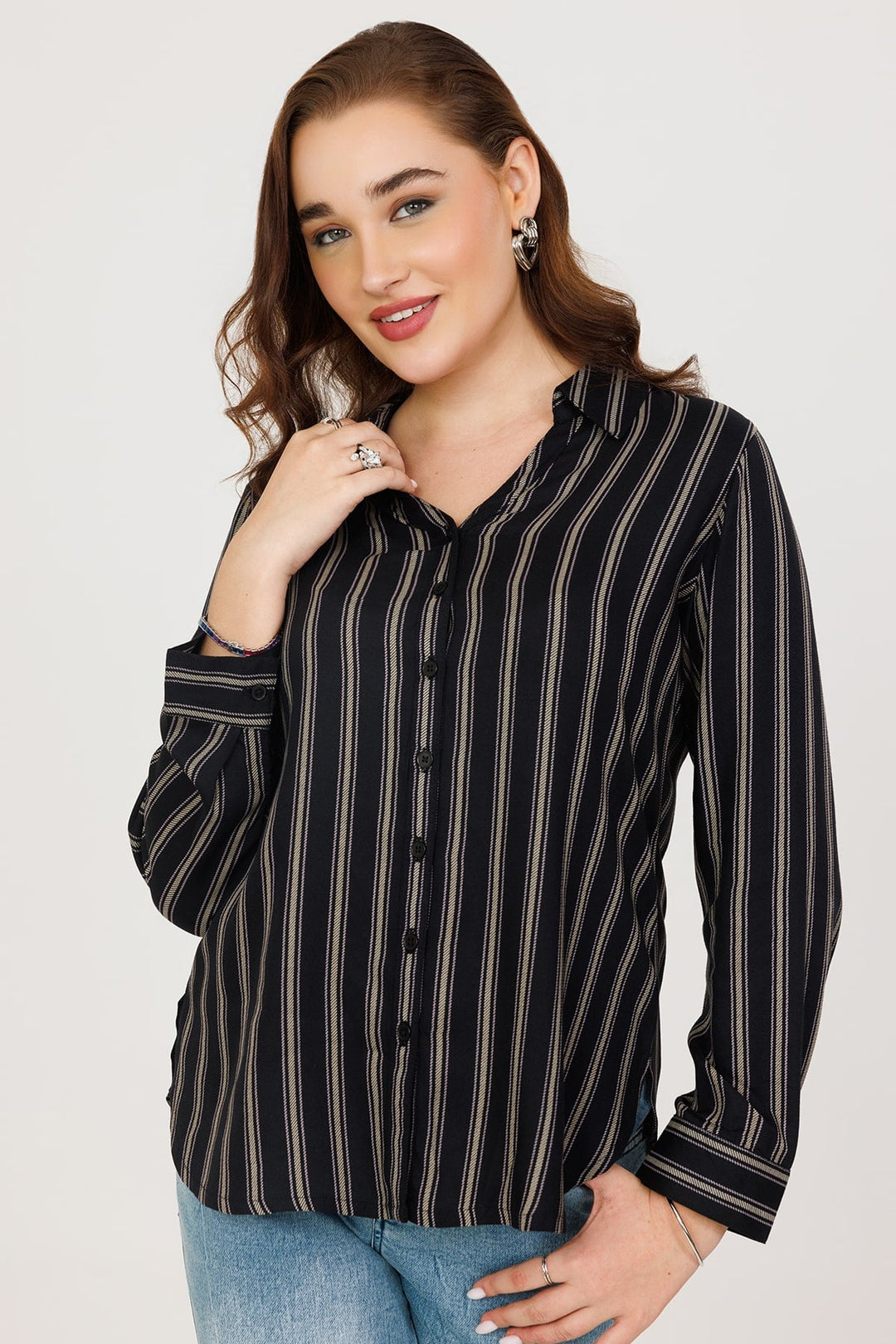 Rayon Twill Stripe Winter Shirt Black Full Sleeves