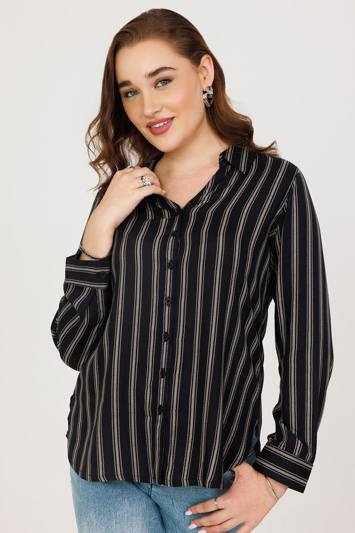 Rayon Twill Stripe Winter Shirt Black Full Sleeves
