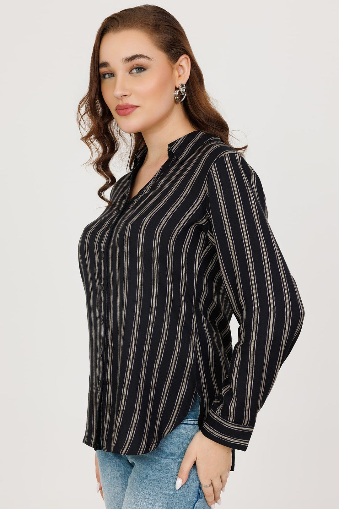 Rayon Twill Stripe Winter Shirt Black Full Sleeves