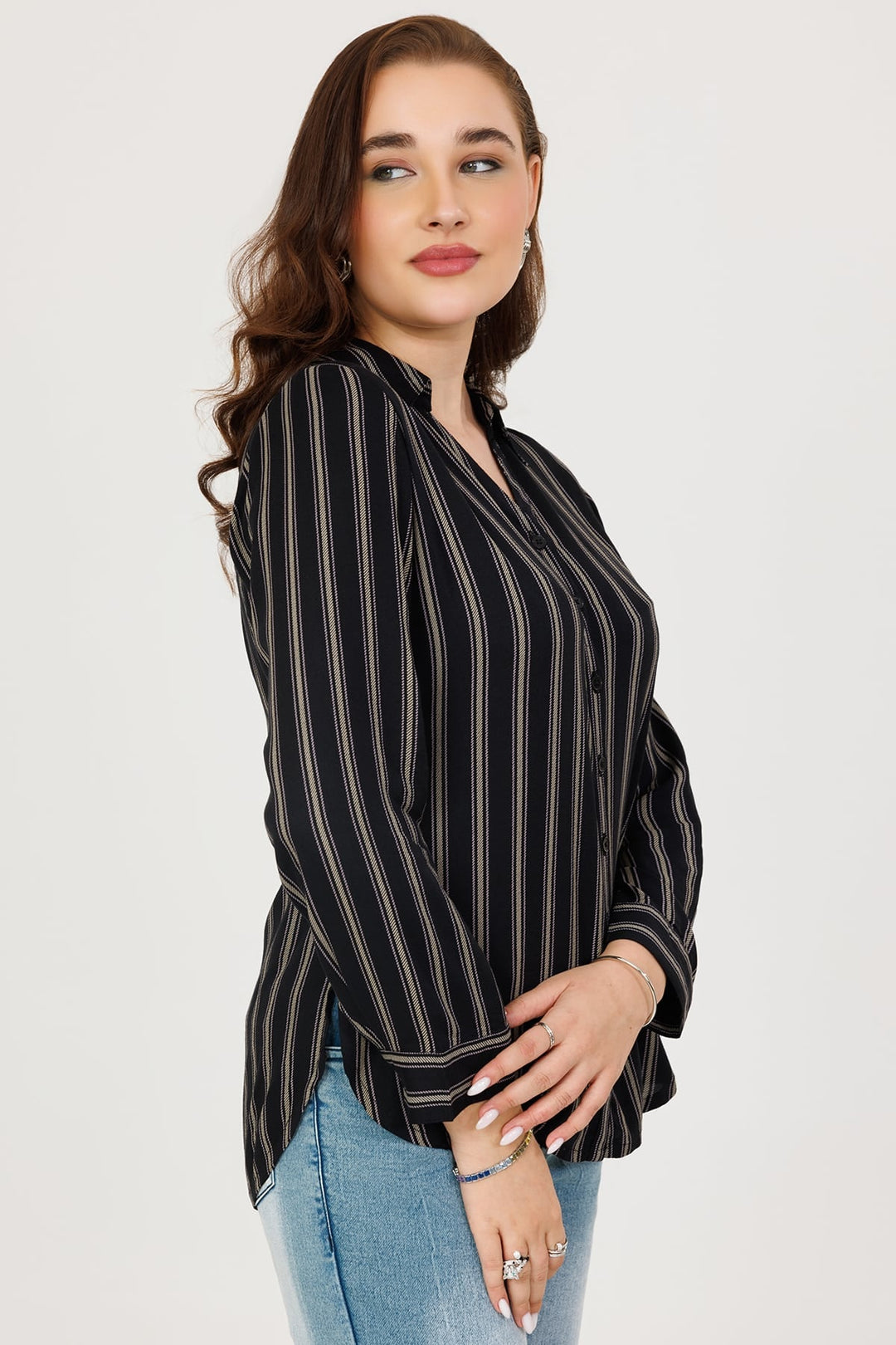 Rayon Twill Stripe Winter Shirt Black Full Sleeves