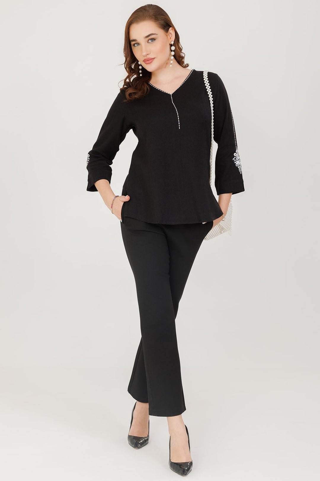 Herringbone Cotton Winter Top Black V Neck