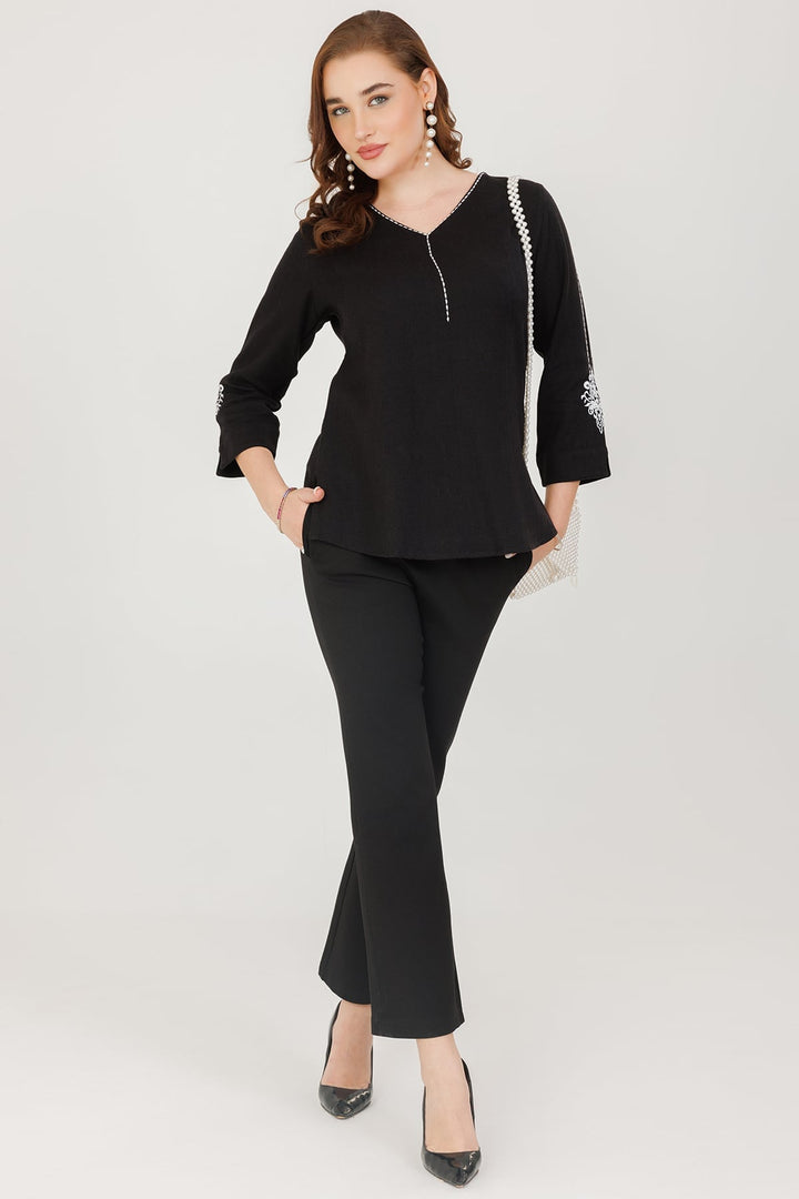 Herringbone Cotton Winter Top Black V Neck