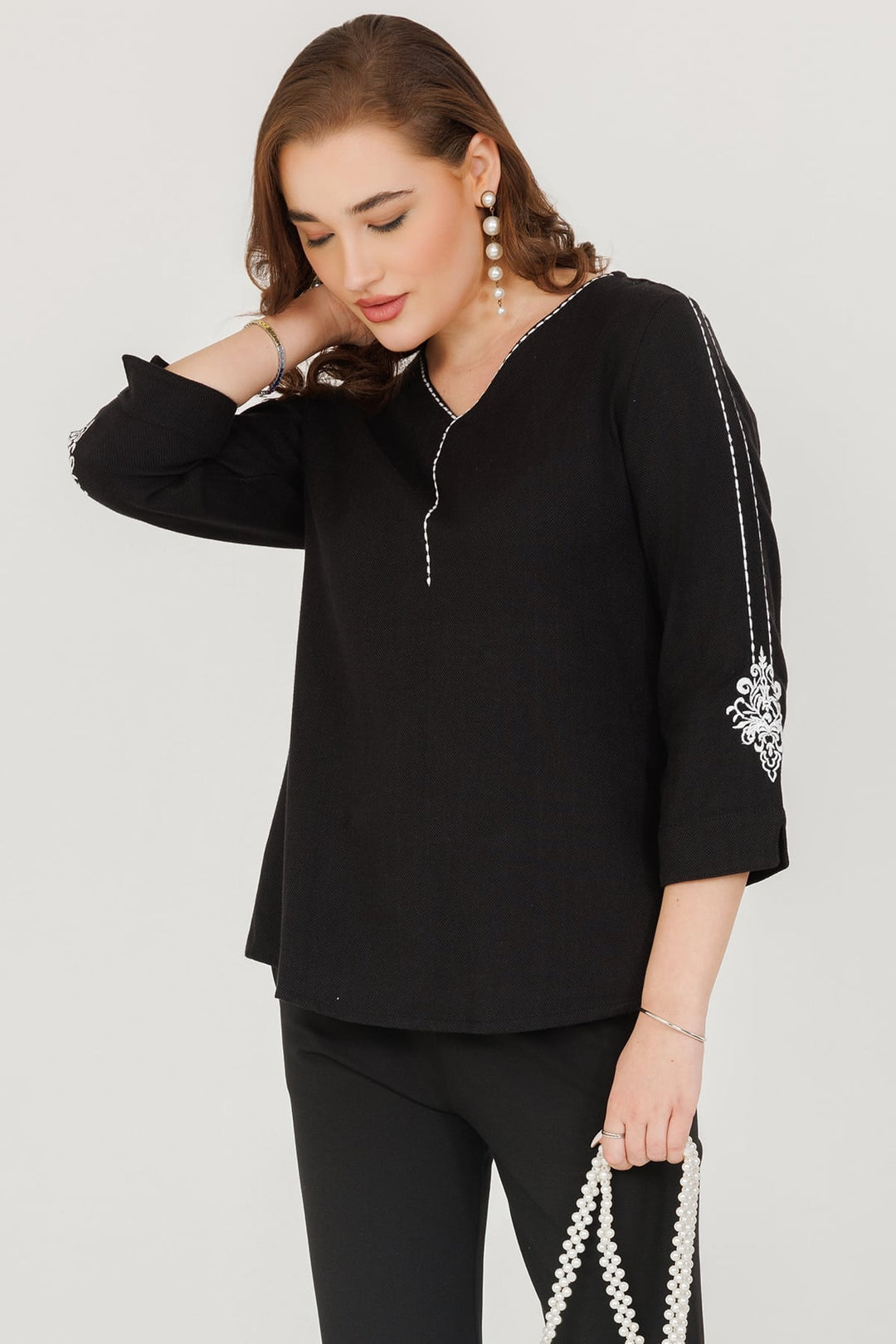 Herringbone Cotton Winter Top Black V Neck