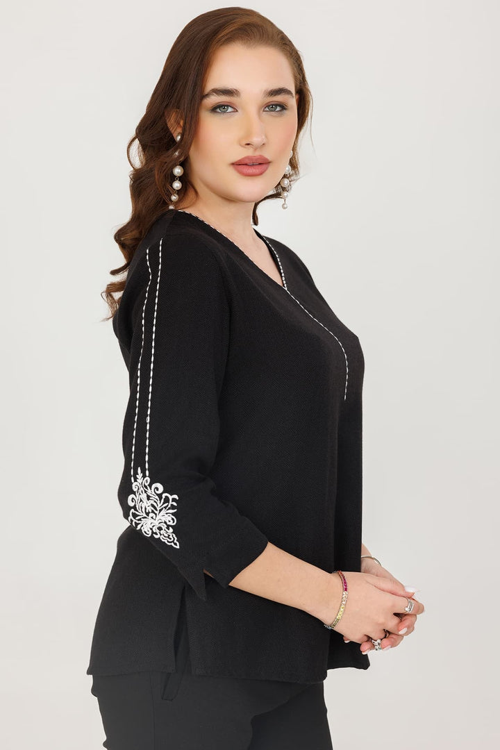 Herringbone Cotton Winter Top Black V Neck