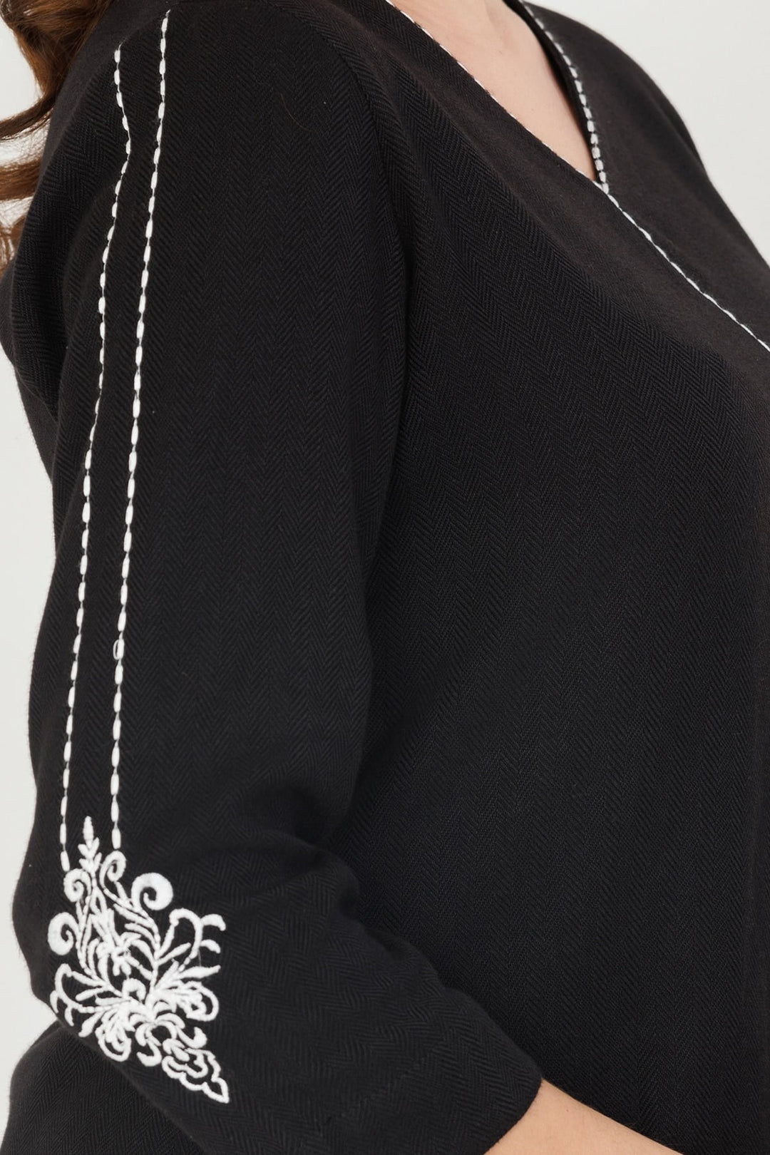 Herringbone Cotton Winter Top Black V Neck