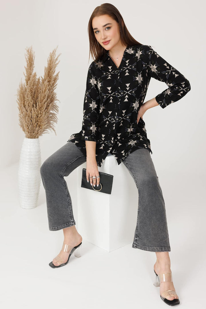Black Cotton Brushed Printed Winter Tunic