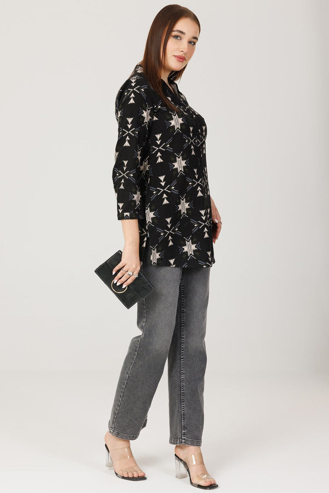 Black Cotton Brushed Printed Winter Tunic