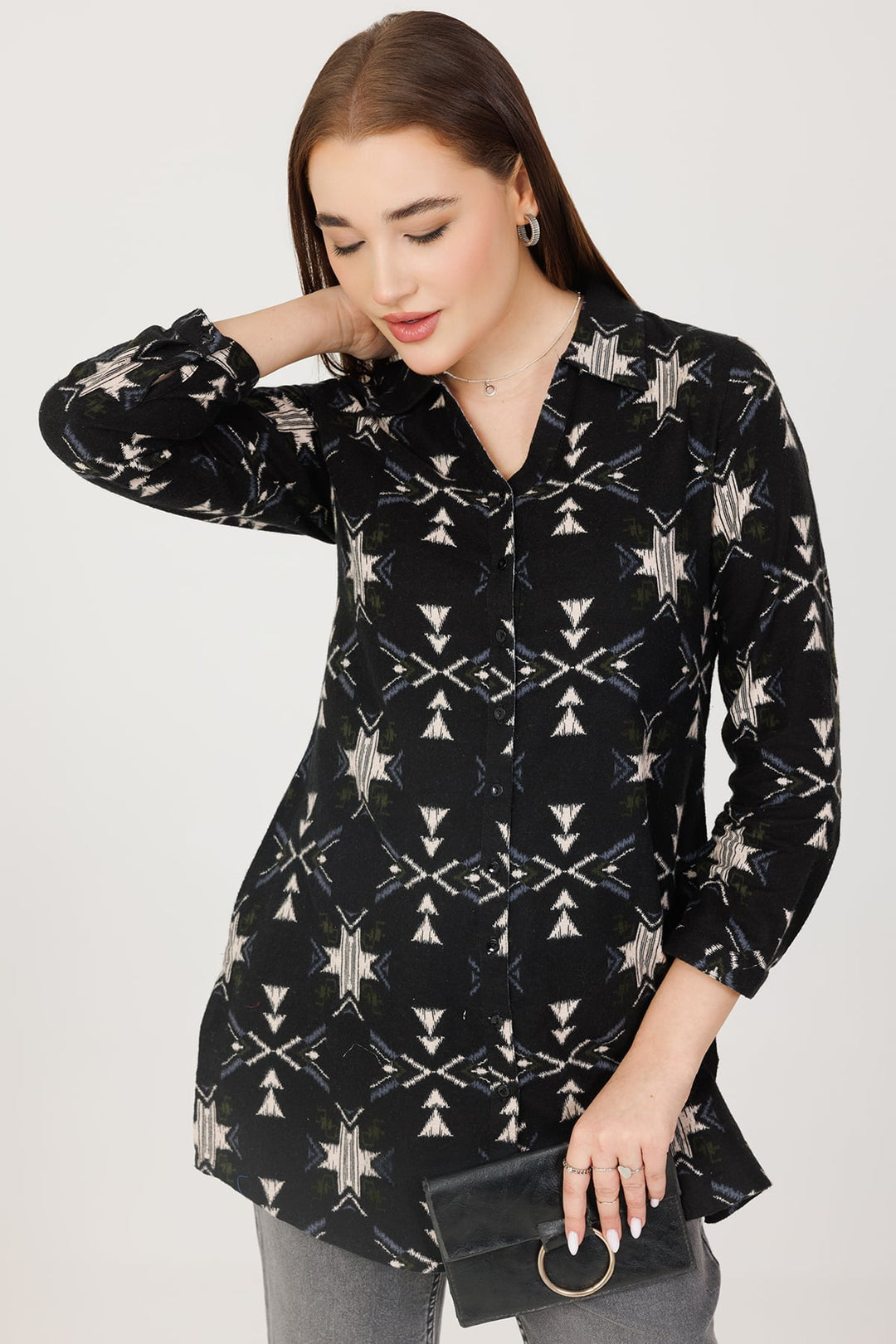 Black Cotton Brushed Printed Winter Tunic