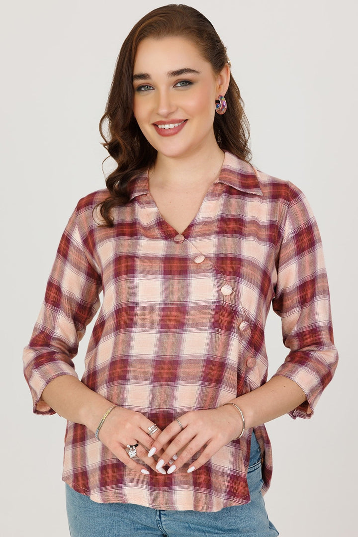 Beige Twill Check Winter Shirt with 3/4th Sleeves