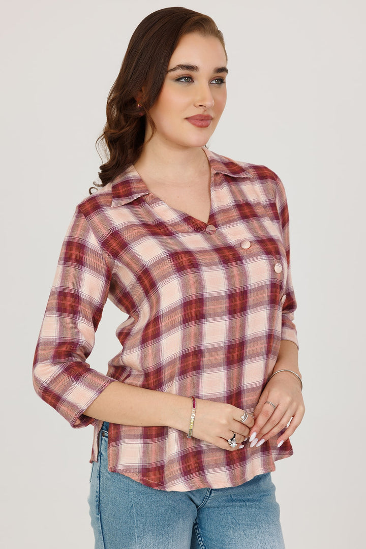 Beige Twill Check Winter Shirt with 3/4th Sleeves