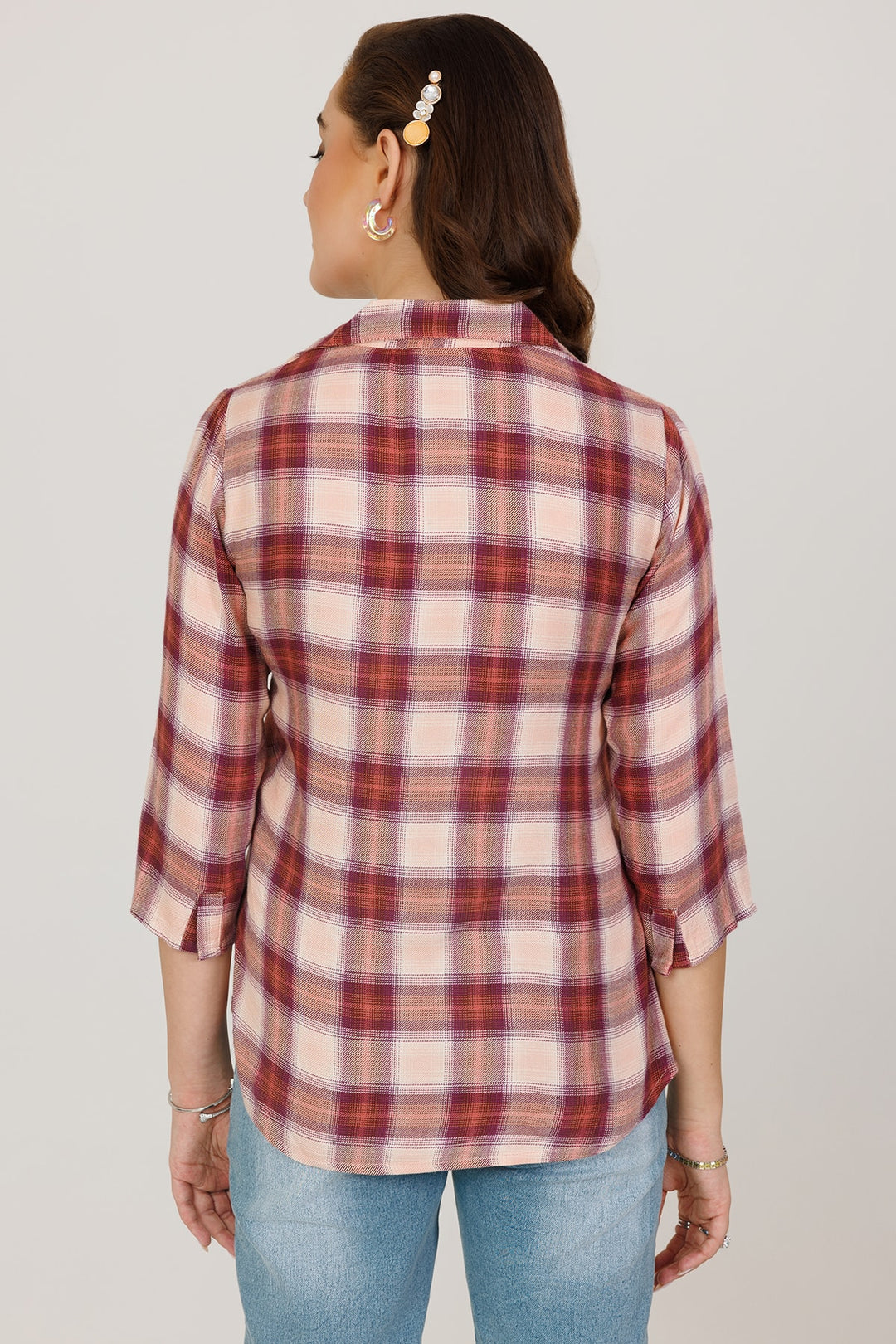 Beige Twill Check Winter Shirt with 3/4th Sleeves
