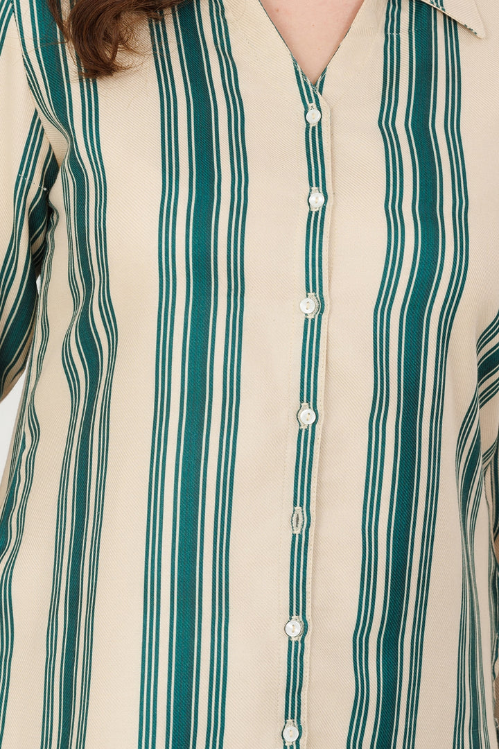 Green &amp; Beige Pashmina Stripe Winter Shirt with Full Sleeves