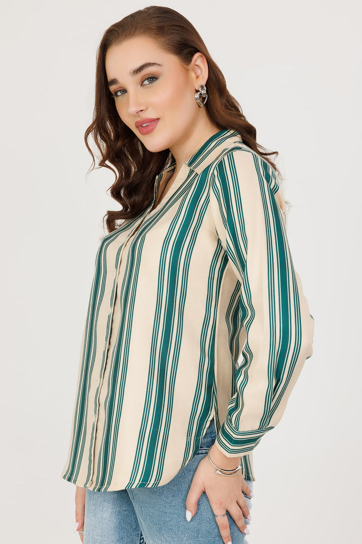 Green &amp; Beige Pashmina Stripe Winter Shirt with Full Sleeves
