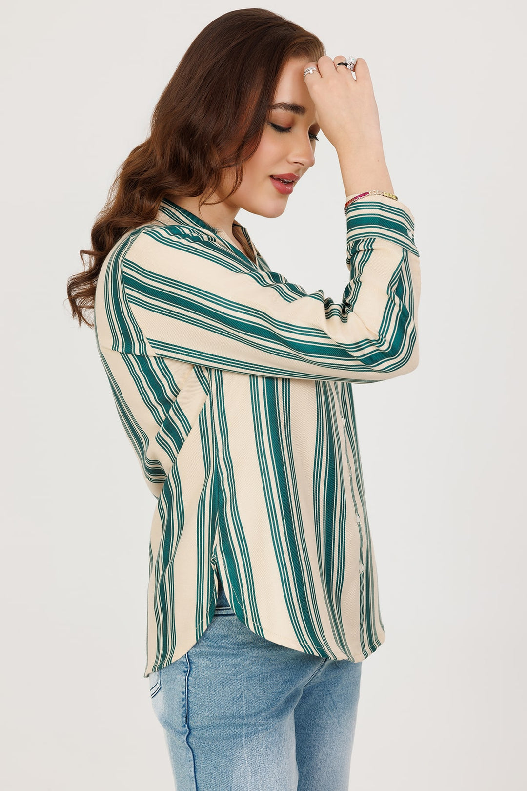 Green &amp; Beige Pashmina Stripe Winter Shirt with Full Sleeves