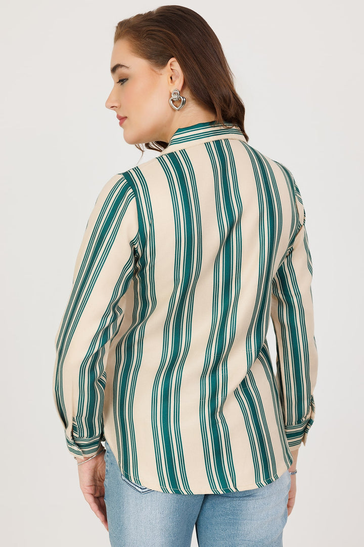 Green &amp; Beige Pashmina Stripe Winter Shirt with Full Sleeves