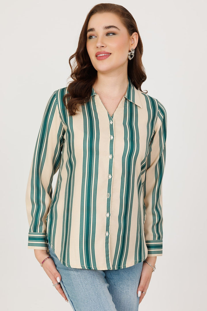 Green &amp; Beige Pashmina Stripe Winter Shirt with Full Sleeves