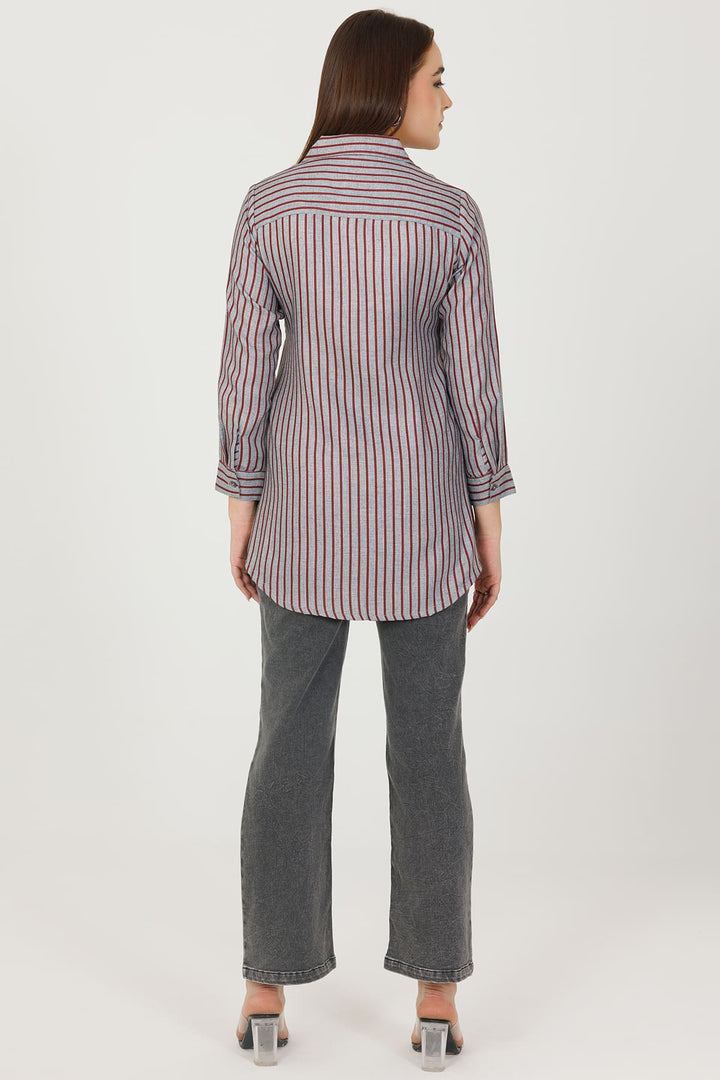 Maroon and Grey Pashmina Stripe Long Winter Shirt
