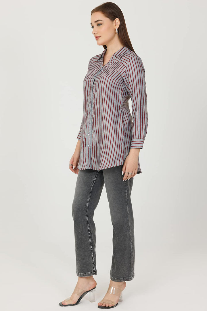 Maroon and Grey Pashmina Stripe Long Winter Shirt