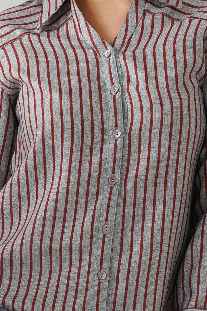 Maroon and Grey Pashmina Stripe Long Winter Shirt