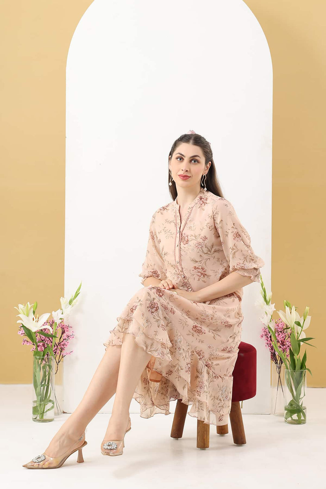 Peach Marble Chiffon Printed Dress with Mandarin Collar