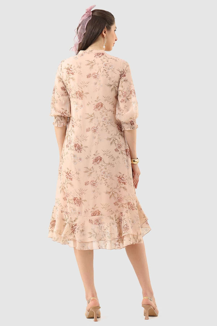 Peach Marble Chiffon Printed Dress with Mandarin Collar