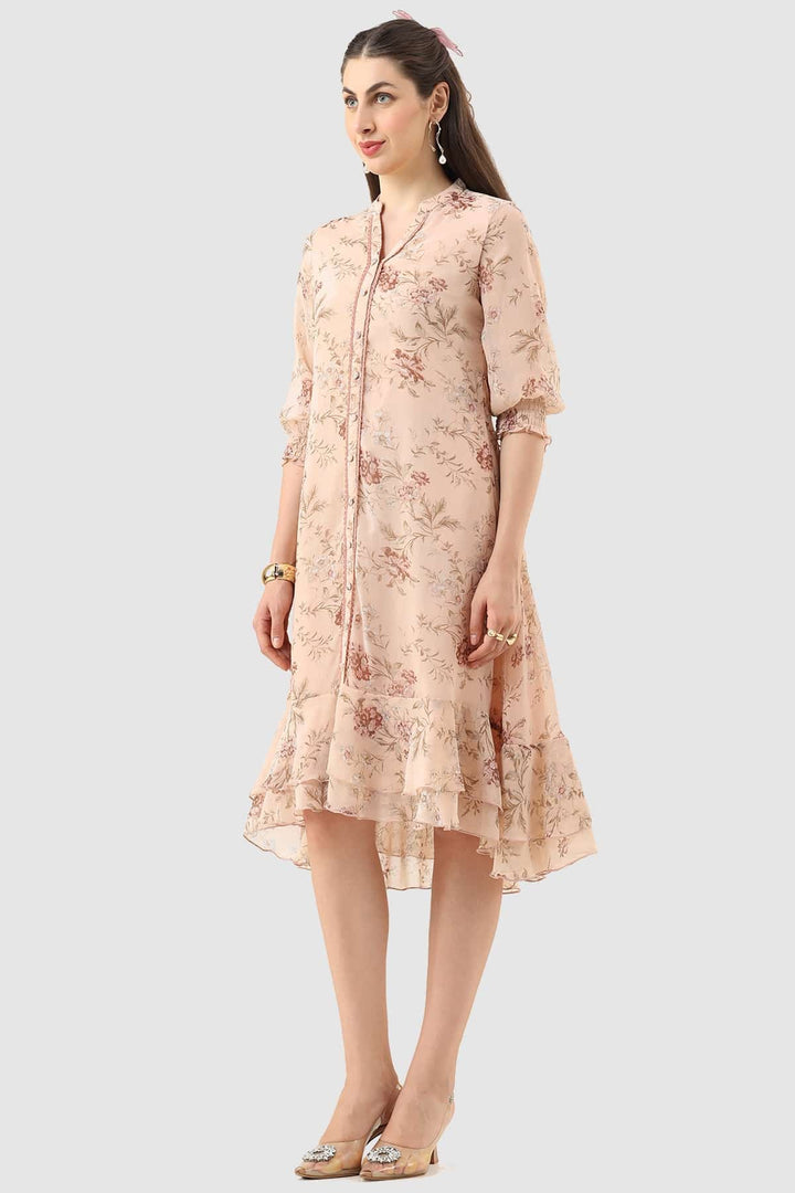 Peach Marble Chiffon Printed Dress with Mandarin Collar