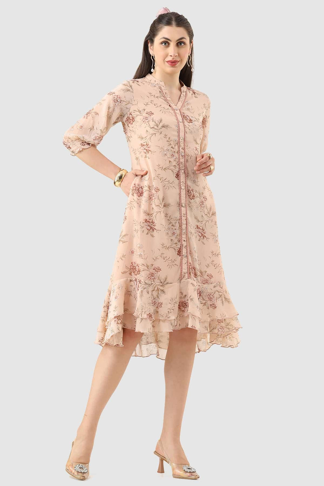 Peach Marble Chiffon Printed Dress with Mandarin Collar