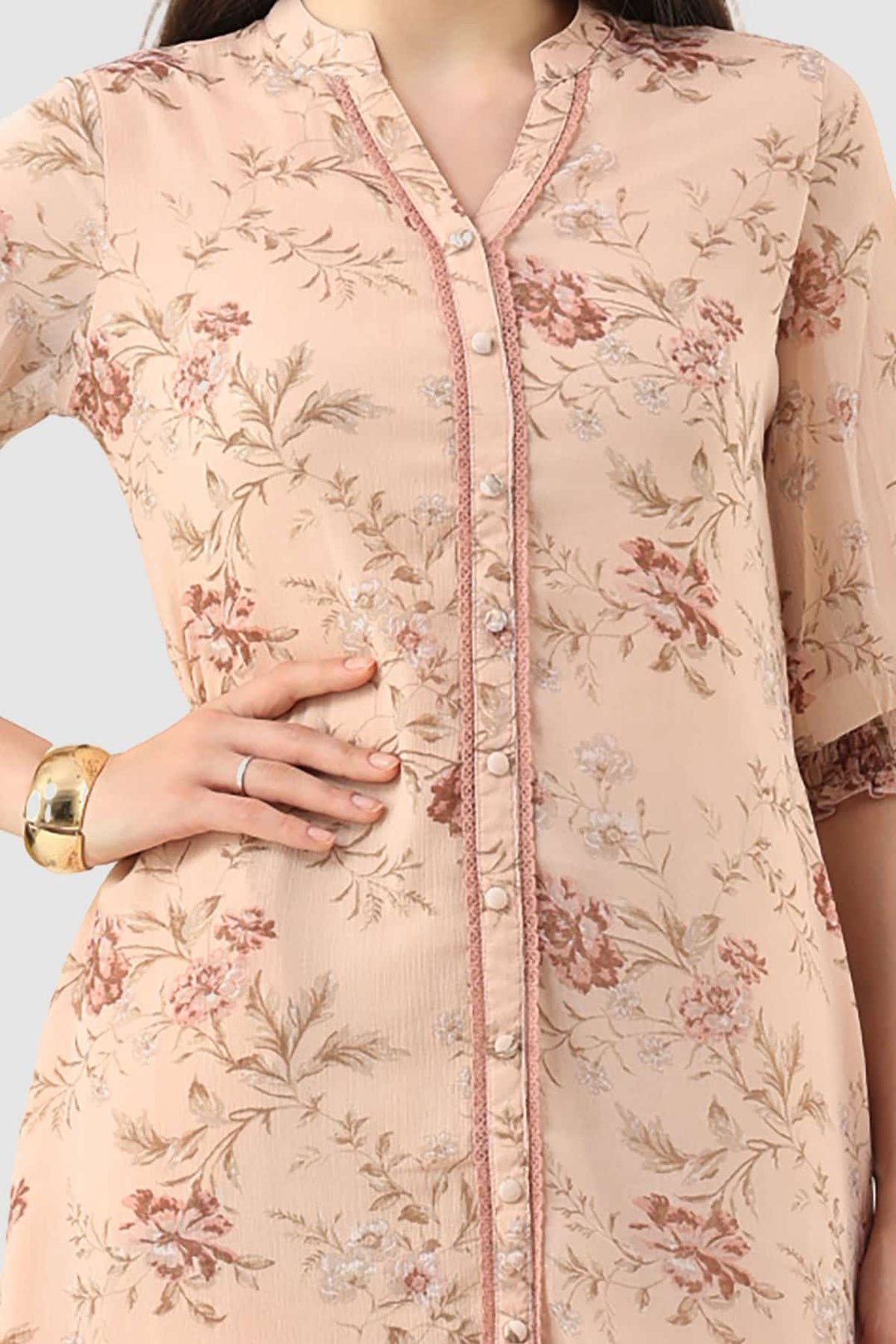 Peach Marble Chiffon Printed Dress with Mandarin Collar