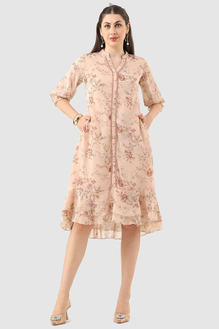 Peach Marble Chiffon Printed Dress with Mandarin Collar