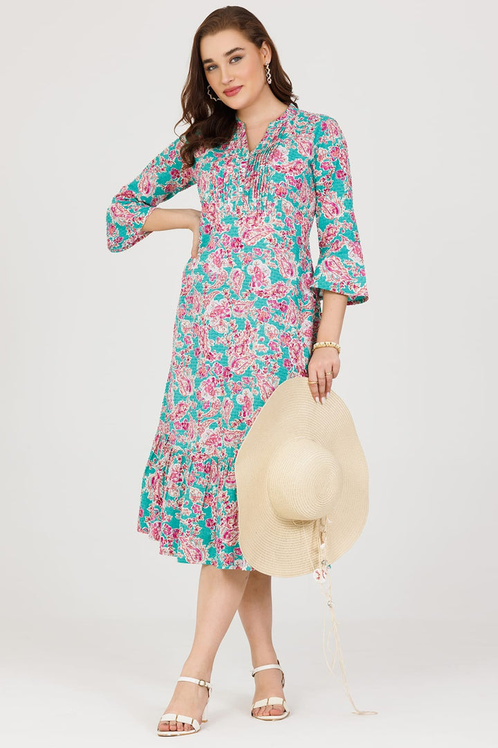 Blue Cotton Dobby Printed Dress