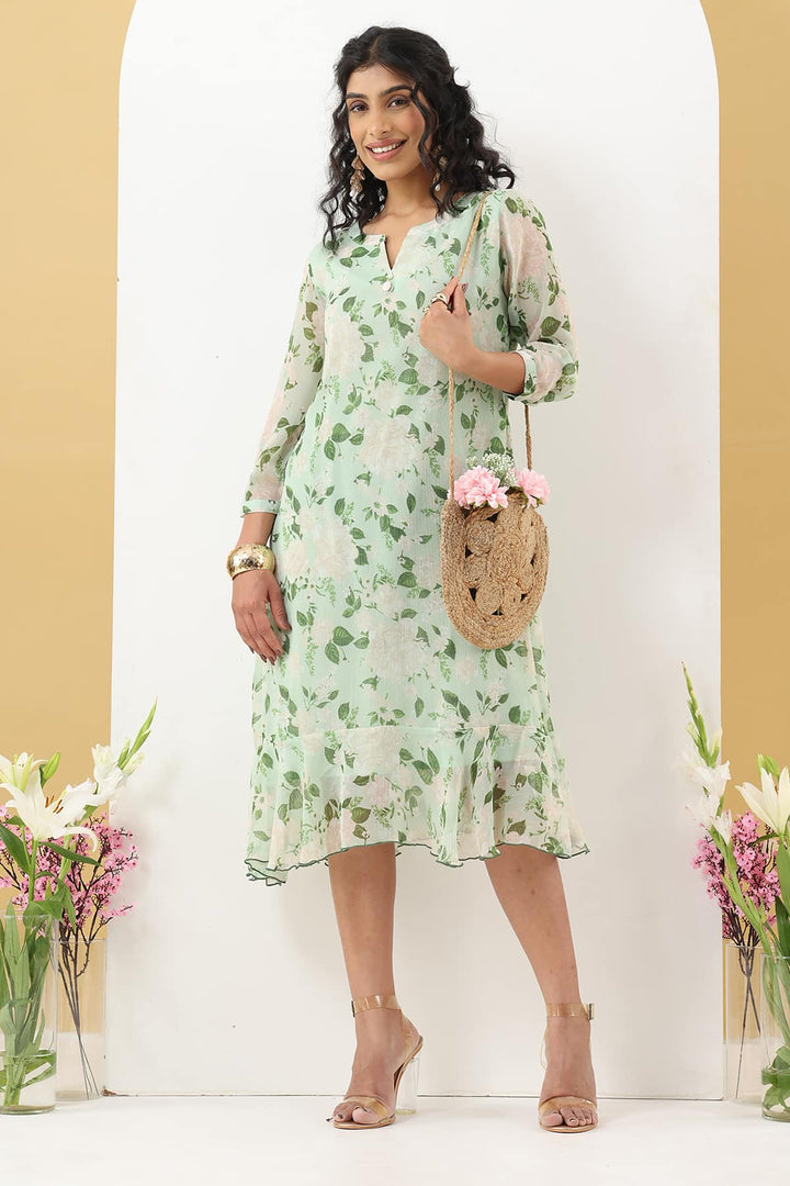 Green Chiffon Printed Dress with Mandarin Collar