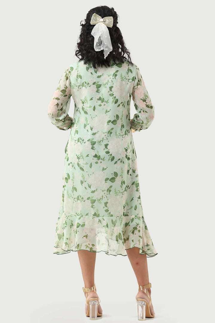 Green Chiffon Printed Dress with Mandarin Collar