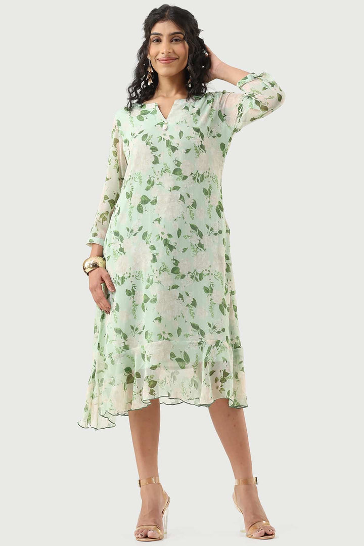 Green Chiffon Printed Dress with Mandarin Collar