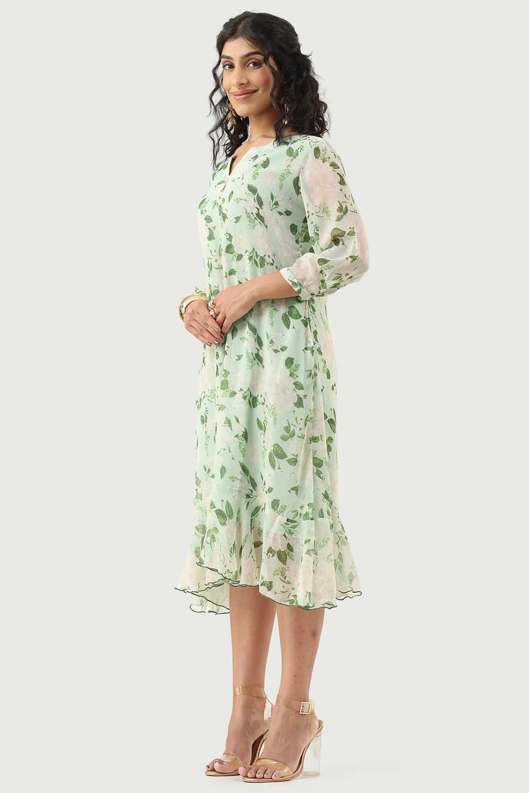 Green Chiffon Printed Dress with Mandarin Collar