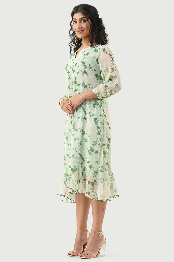 Green Chiffon Printed Dress with Mandarin Collar