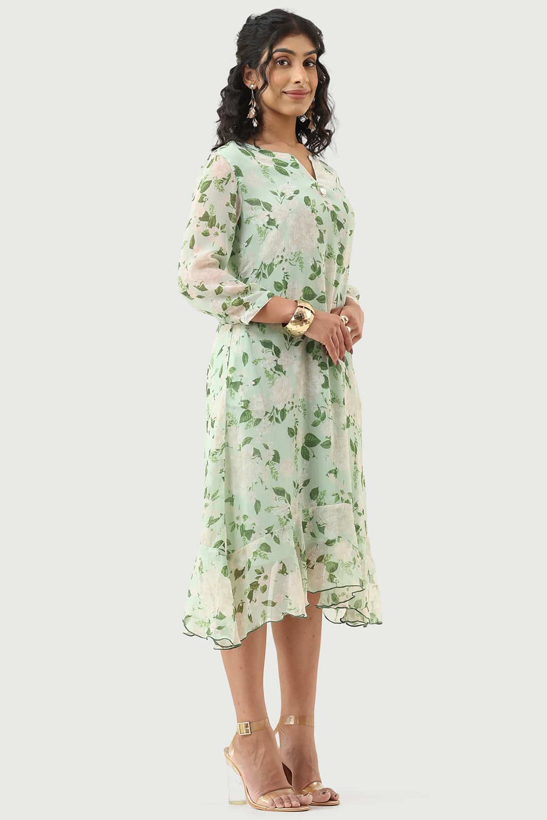 Green Chiffon Printed Dress with Mandarin Collar