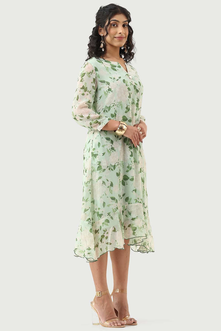 Green Chiffon Printed Dress with Mandarin Collar