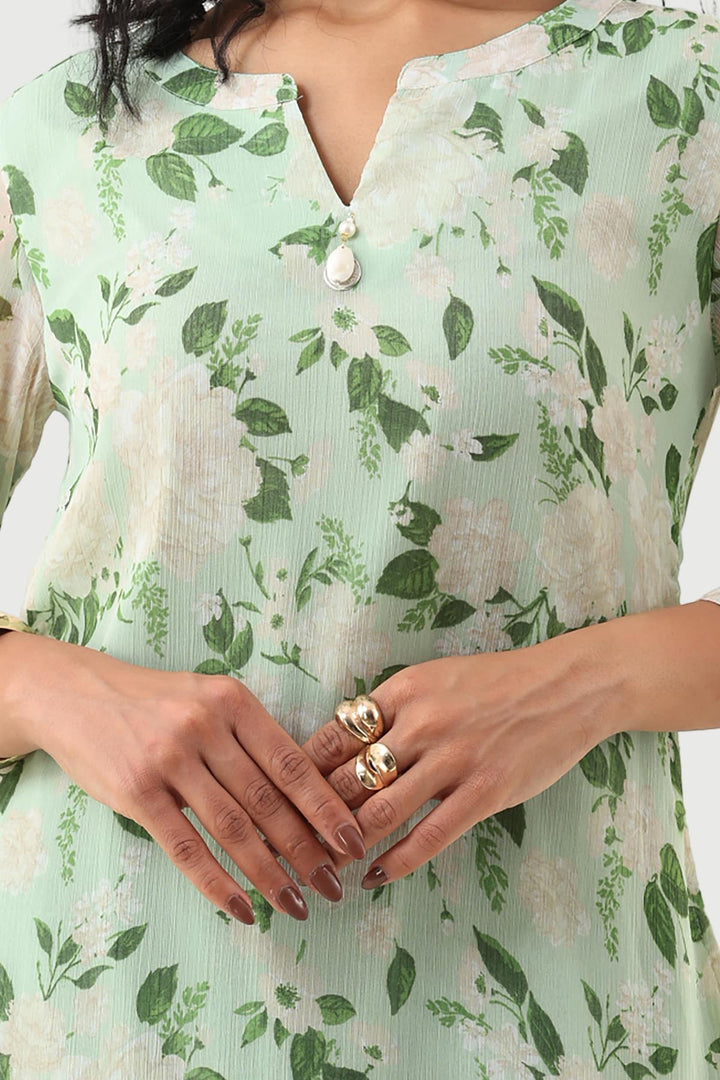 Green Chiffon Printed Dress with Mandarin Collar