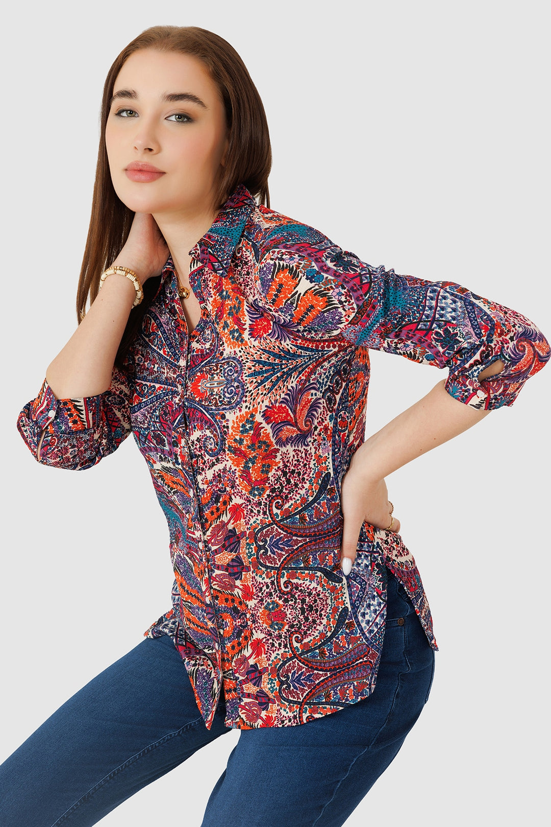Orange Printed Crepe Shirt with Collar
