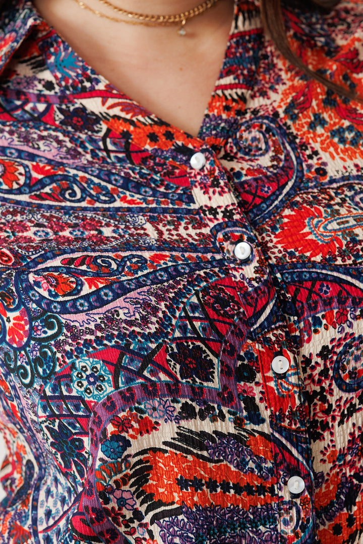 Orange Printed Crepe Shirt with Collar