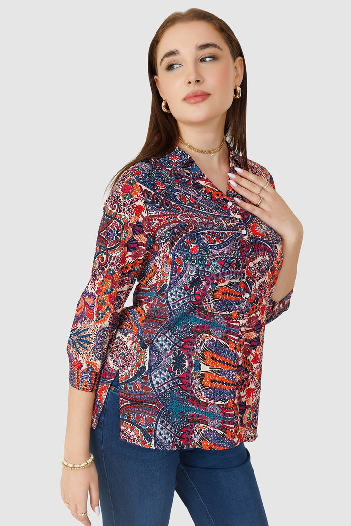Orange Printed Crepe Shirt with Collar