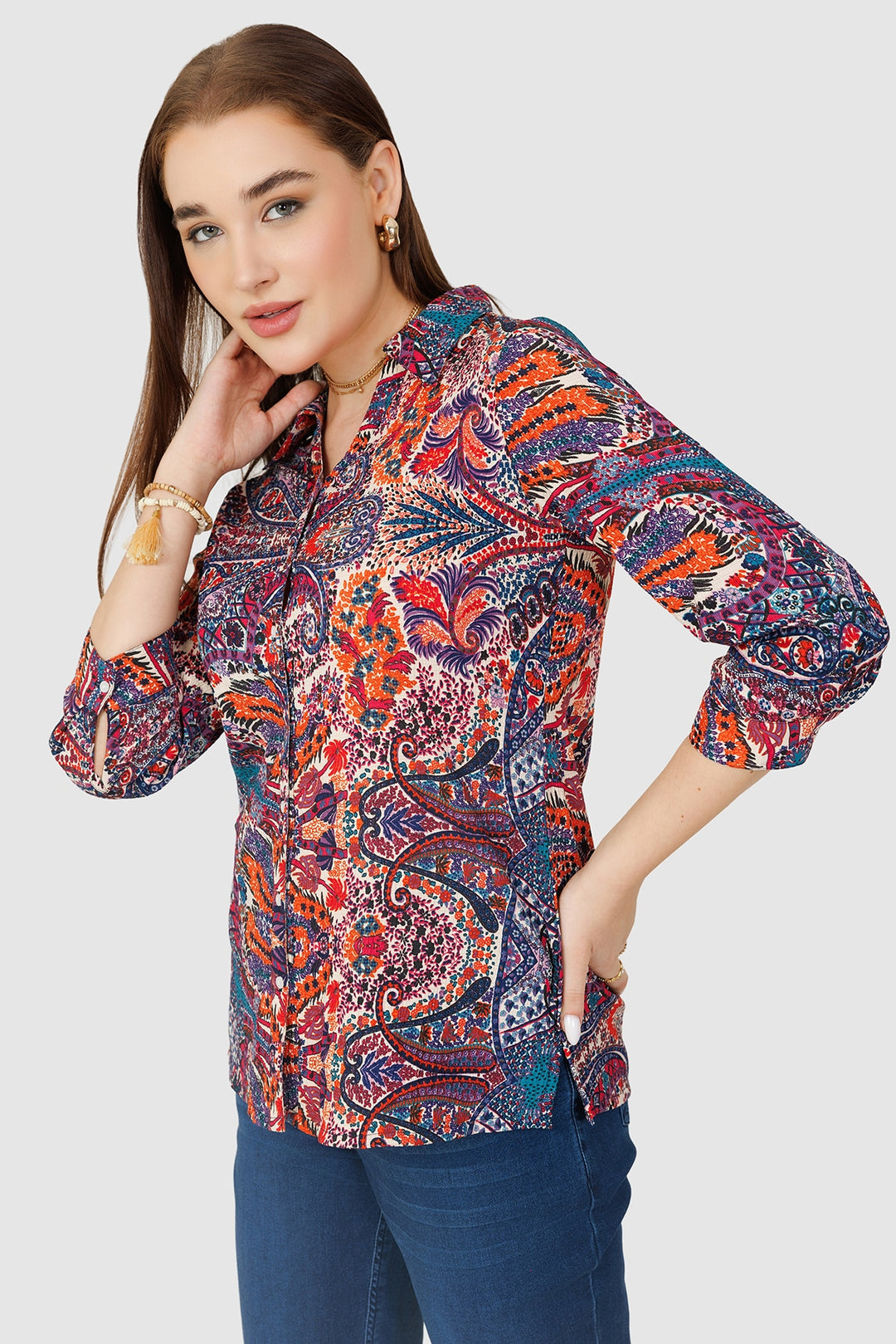 Orange Printed Crepe Shirt with Collar