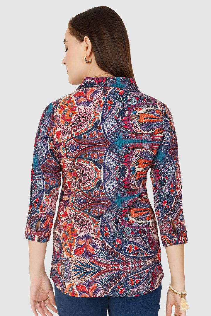 Orange Printed Crepe Shirt with Collar