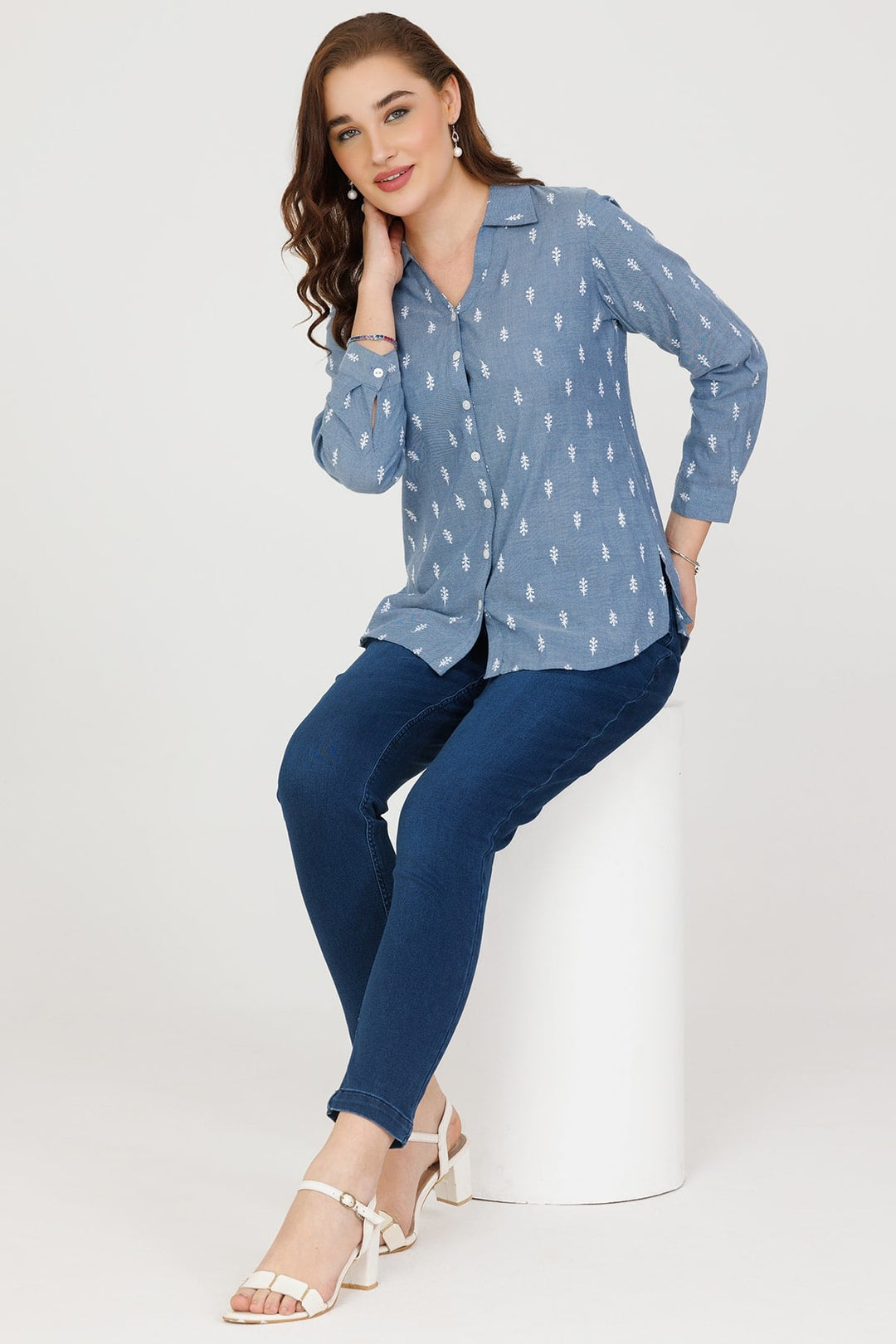 Blue Chambray Embroidered Shirt with Full Sleeves