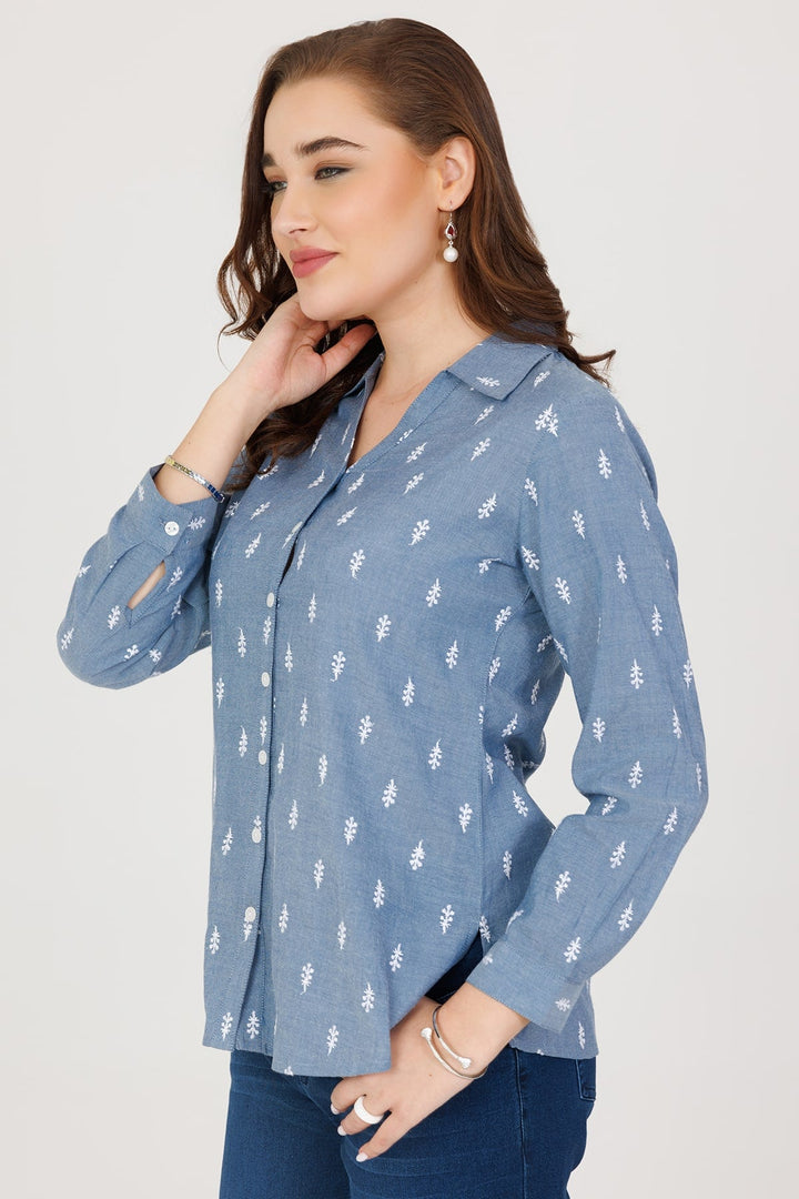 Blue Chambray Embroidered Shirt with Full Sleeves