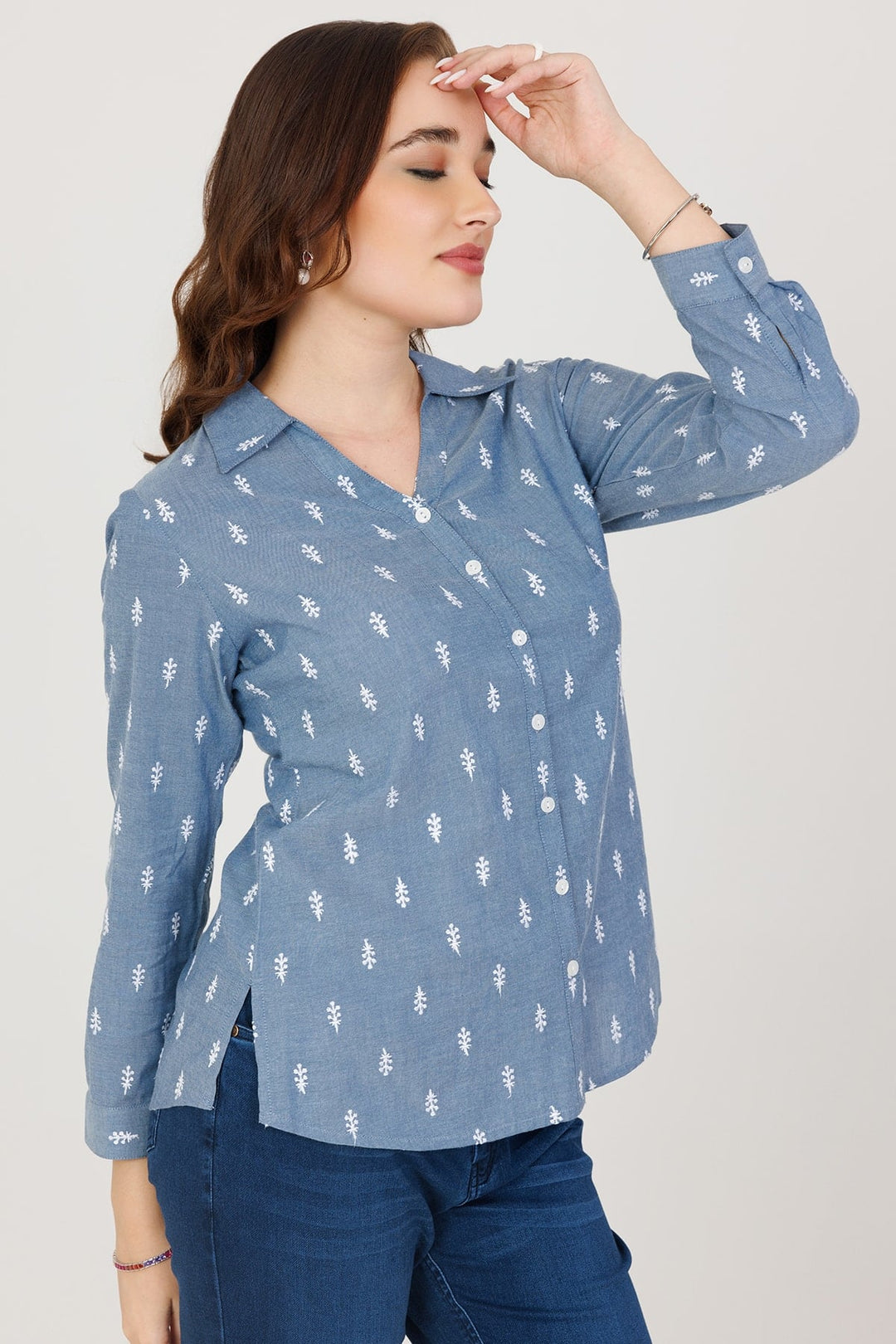 Blue Chambray Embroidered Shirt with Full Sleeves