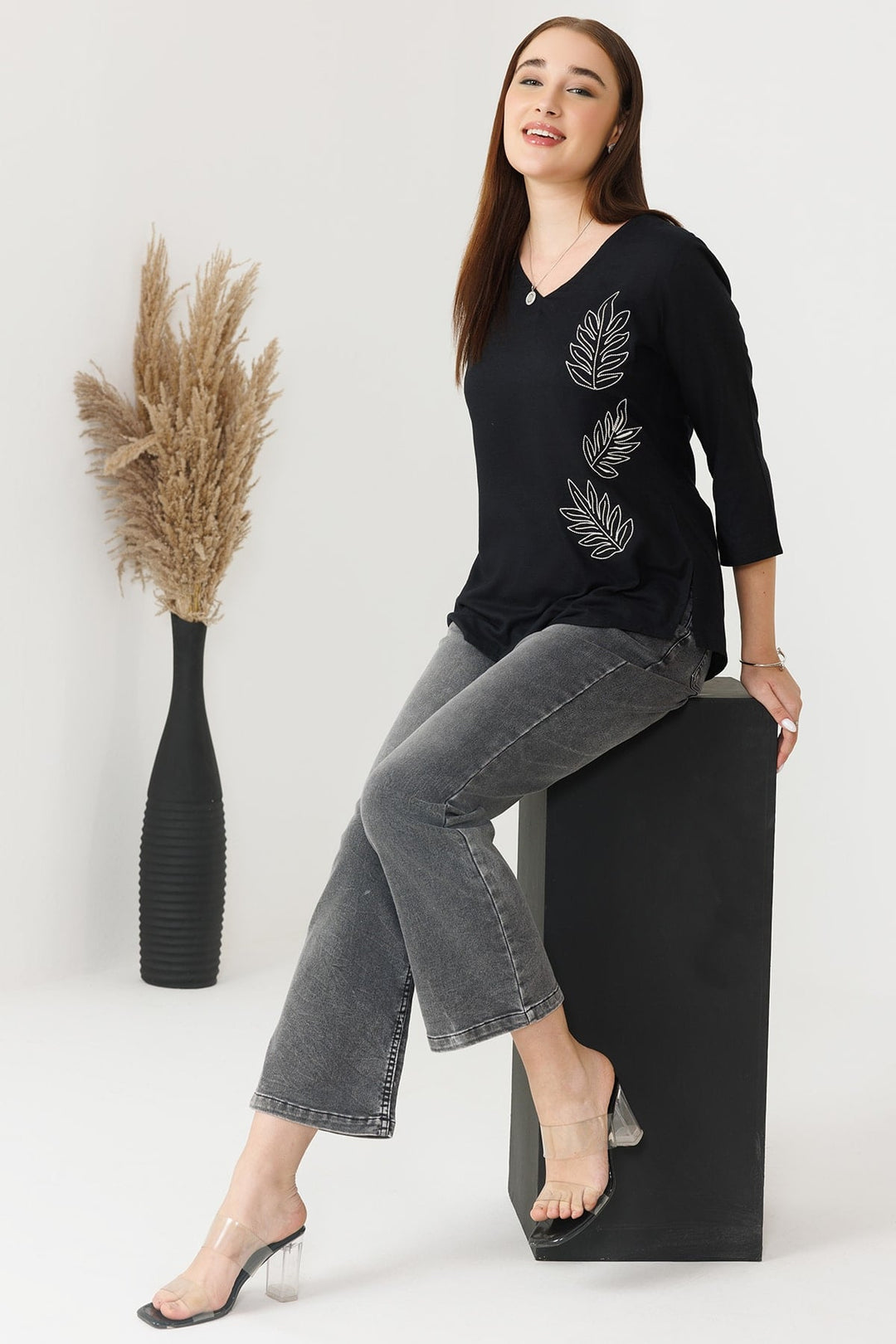 Black Embroidered Rayon Slub V-Neck Top