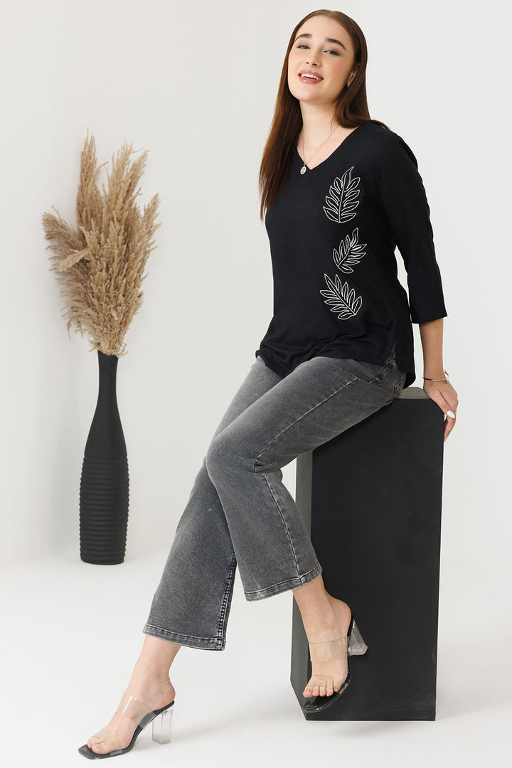 Black Embroidered Rayon Slub V-Neck Top