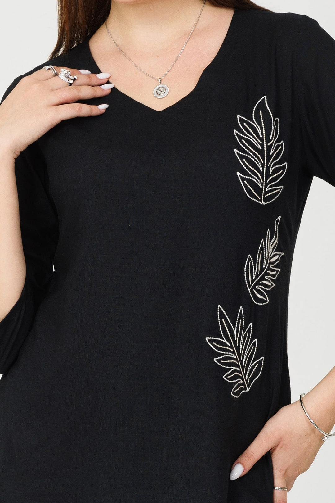 Black Embroidered Rayon Slub V-Neck Top